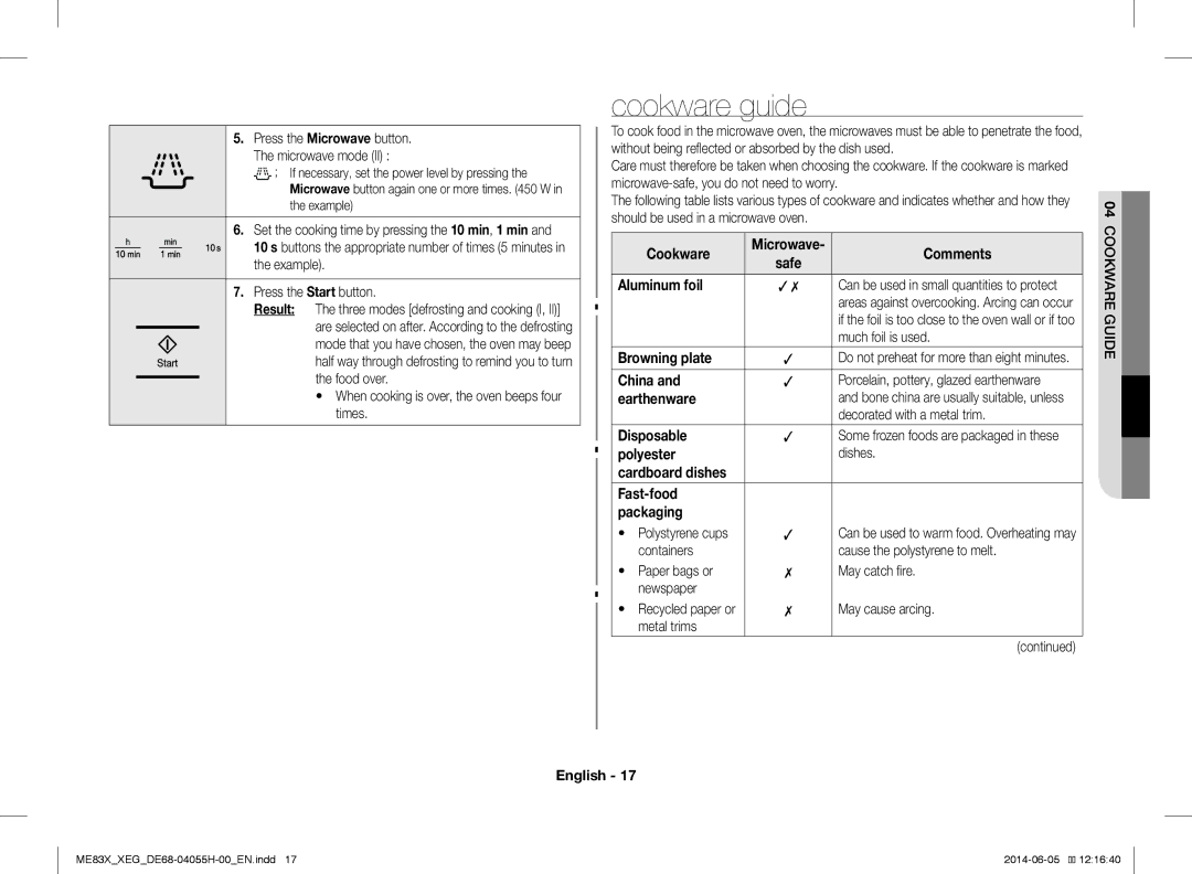 Samsung ME83X/XEO, ME83X/XEG manual Cookware guide 