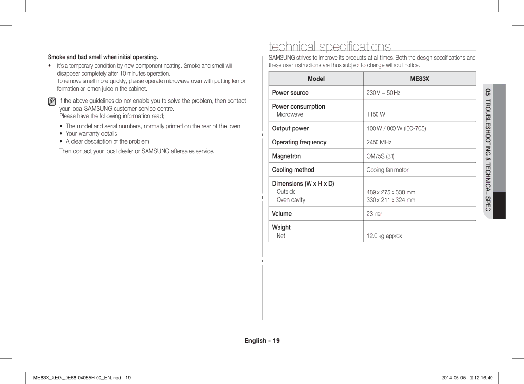 Samsung ME83X/XEO, ME83X/XEG manual Technical specifications, Smoke and bad smell when initial operating, Model 