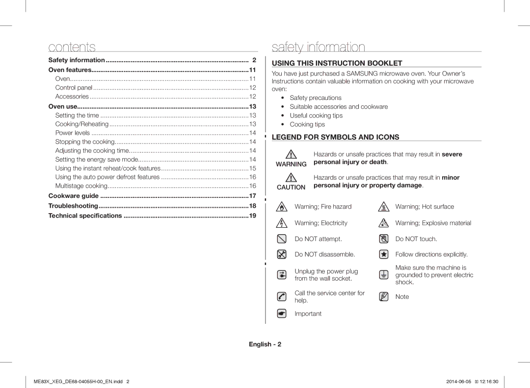 Samsung ME83X/XEG, ME83X/XEO manual Safety information, Contents 