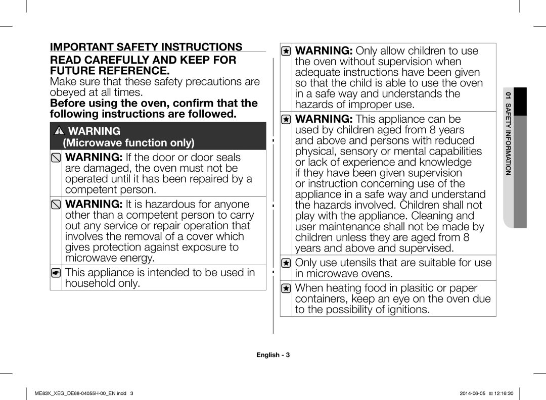 Samsung ME83X/XEO Read Carefully and Keep for Future Reference, This appliance is intended to be used in household only 