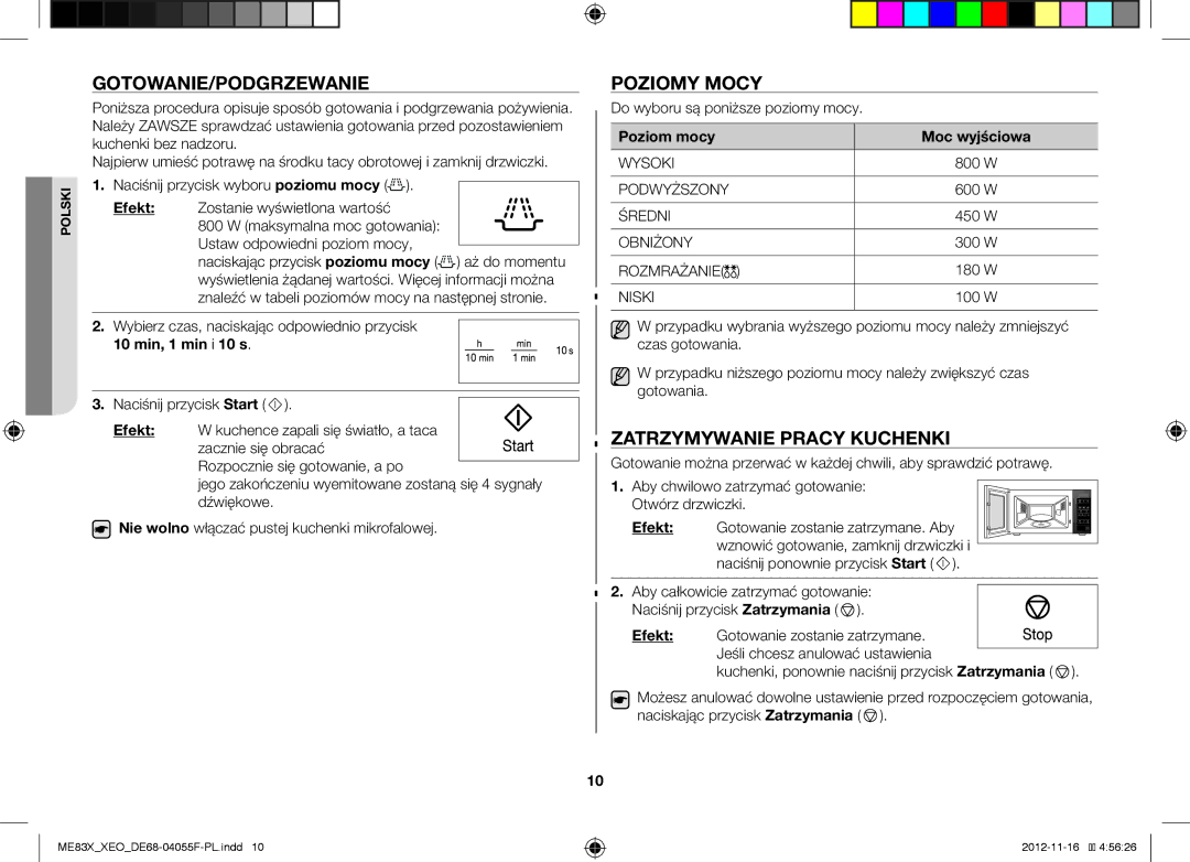 Samsung ME83X/XEG, ME83X/XEO manual Gotowanie/Podgrzewanie, Poziomy Mocy, Zatrzymywanie Pracy Kuchenki 