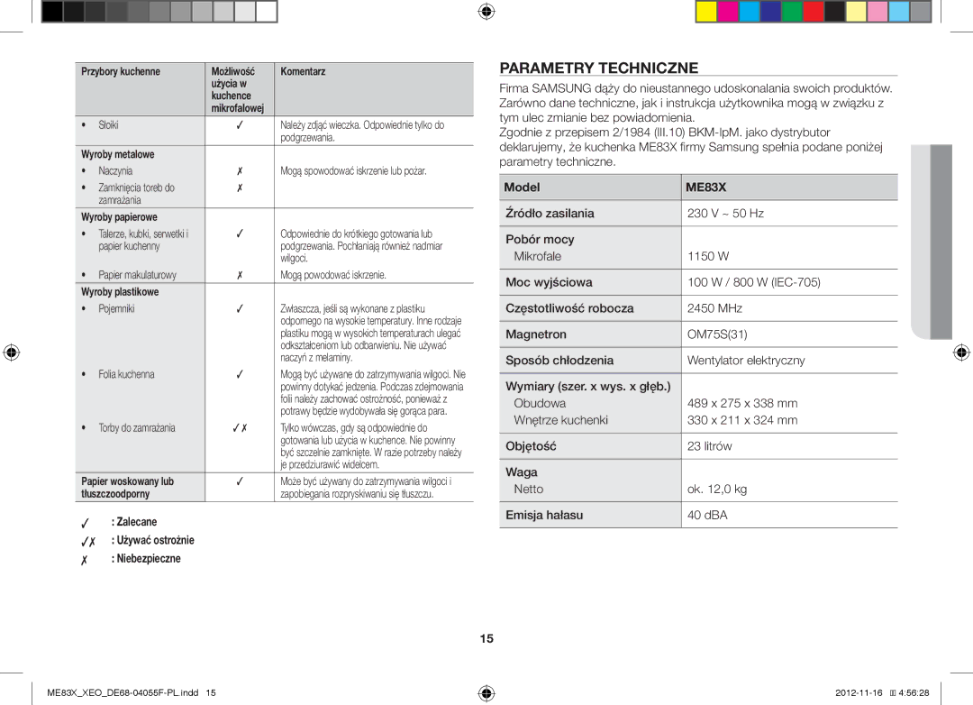 Samsung ME83X/XEO, ME83X/XEG manual Parametry Techniczne, Zalecane Używać ostrożnie Niebezpieczne, Model 