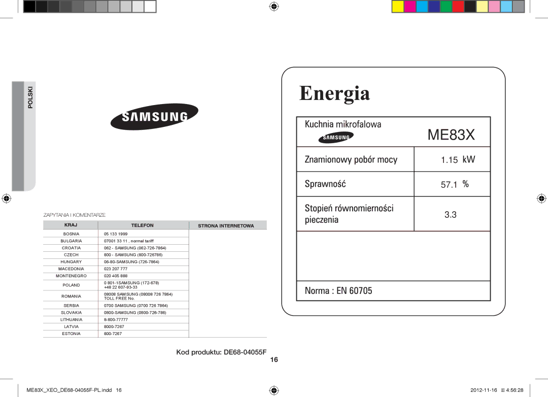 Samsung ME83X/XEG, ME83X/XEO manual Kod produktu DE68-04055F 