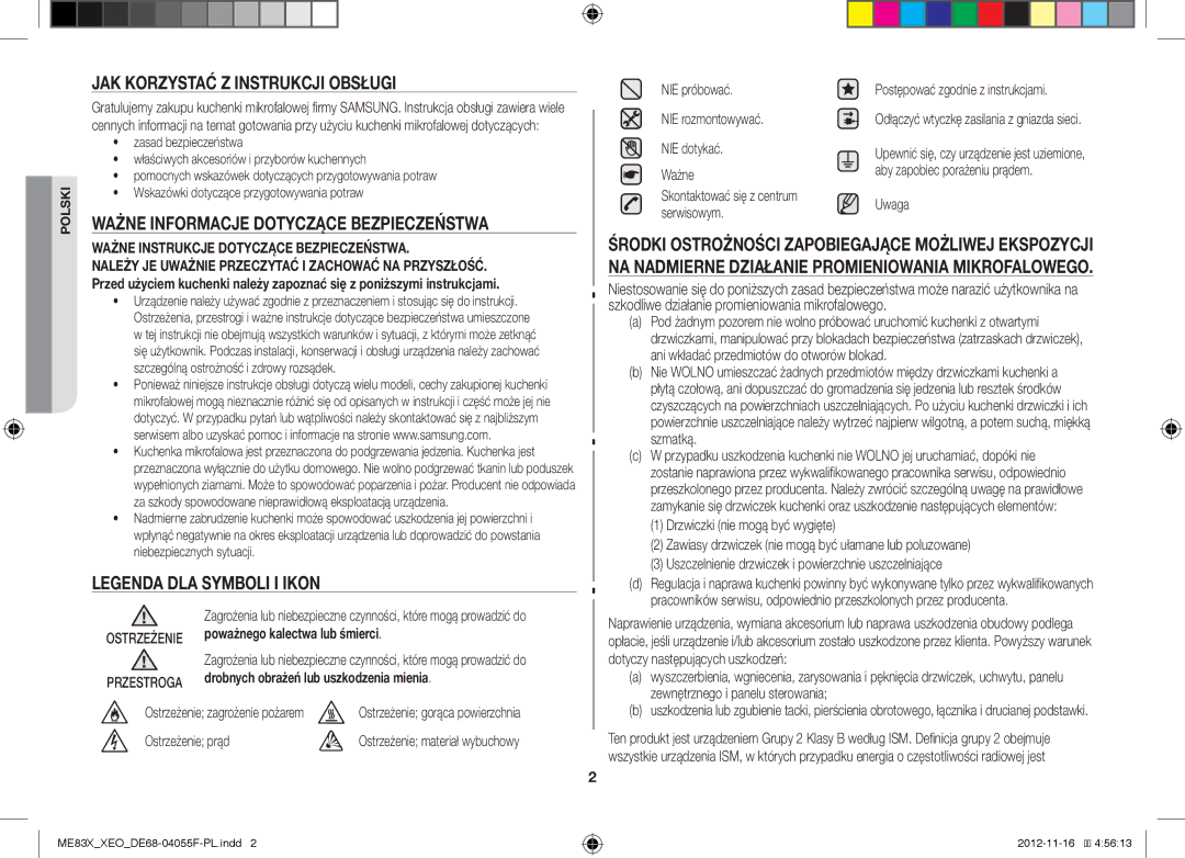 Samsung ME83X/XEG JAK Korzystać Z Instrukcji Obsługi, Ważne Informacje Dotyczące Bezpieczeństwa, Ostrzeżenie, Przestroga 