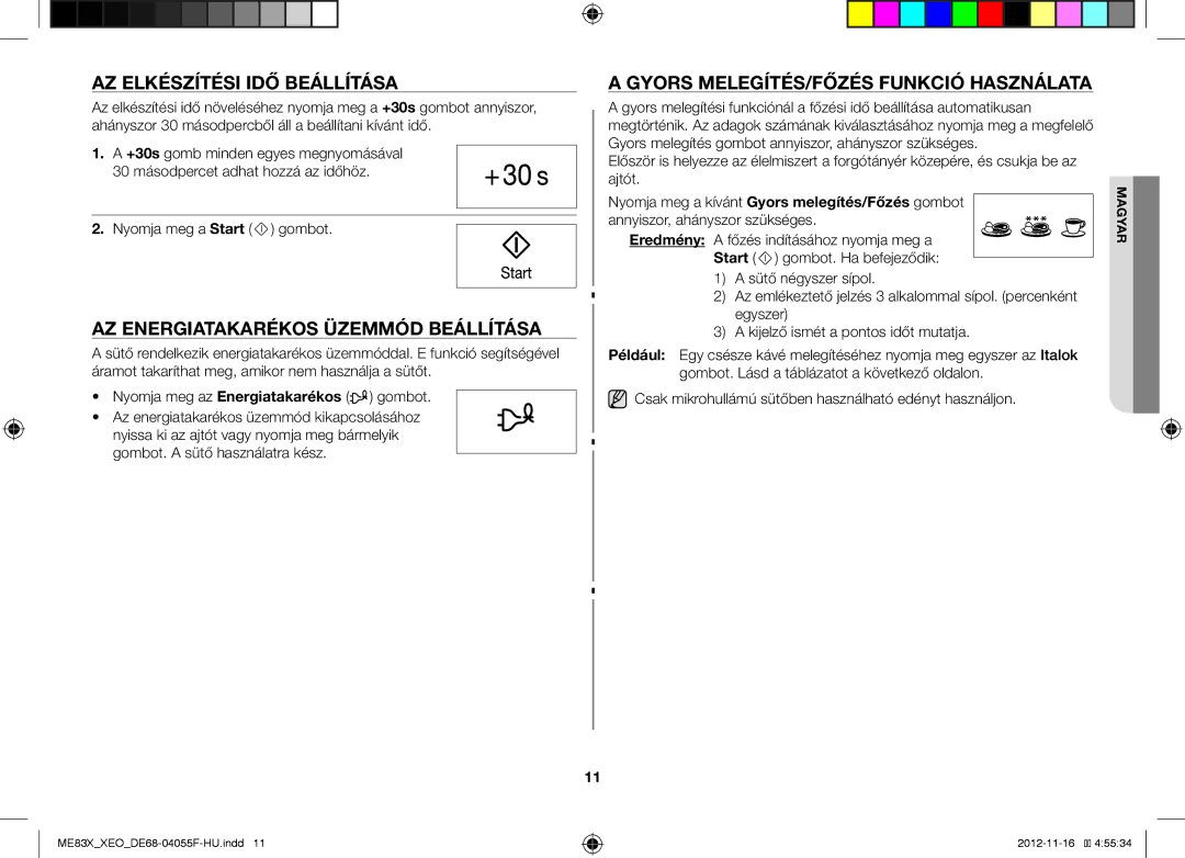 Samsung ME83X/XEO, ME83X/XEG manual AZ Elkészítési IDŐ Beállítása, AZ Energiatakarékos Üzemmód Beállítása 