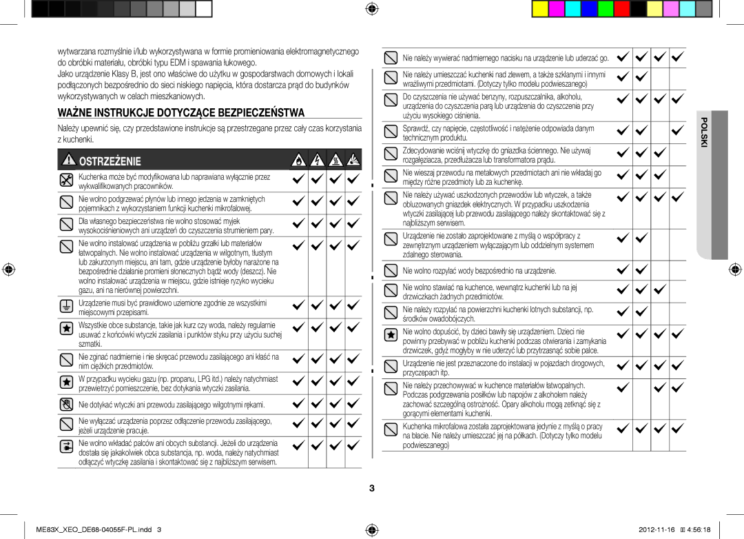 Samsung ME83X/XEO, ME83X/XEG manual Ważne Instrukcje Dotyczące Bezpieczeństwa, Ostrzeżenie 