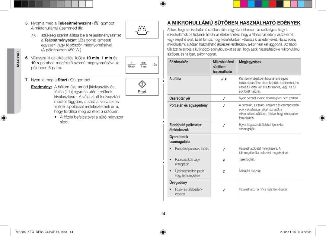 Samsung ME83X/XEG, ME83X/XEO manual Mikrohullámú Sütőben Használható Edények 