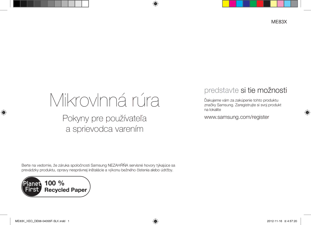 Samsung ME83X/XEO, ME83X/XEG manual Mikrovlnná rúra, Táto príručka sa vyrobila zo 100 % recyklovaného papiera 