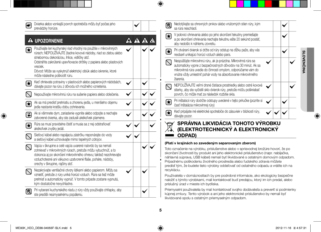 Samsung ME83X/XEO, ME83X/XEG manual Upozornenie, Neobaril unikajúci horúci vzduch alebo para 