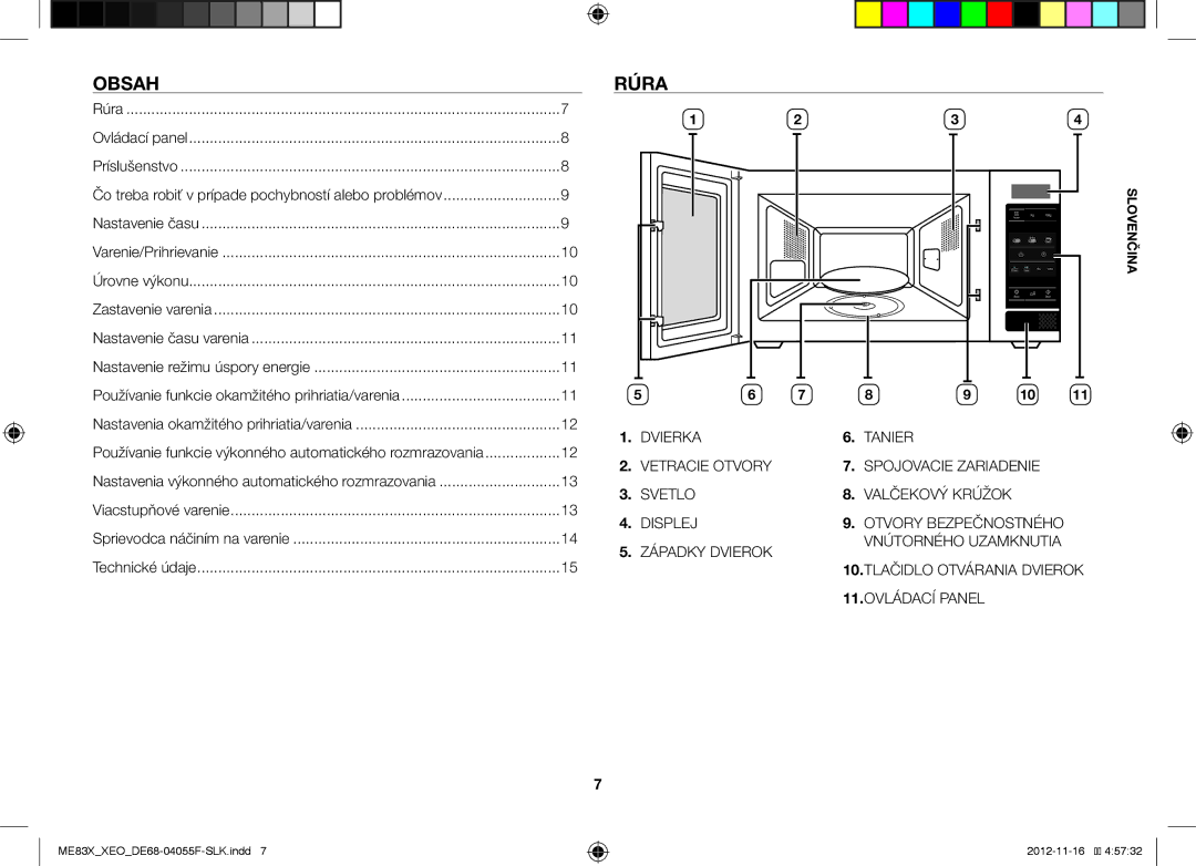 Samsung ME83X/XEO, ME83X/XEG manual Obsah, Rúra, 10.TLAČIDLO Otvárania Dvierok 11.OVLÁDACÍ Panel 