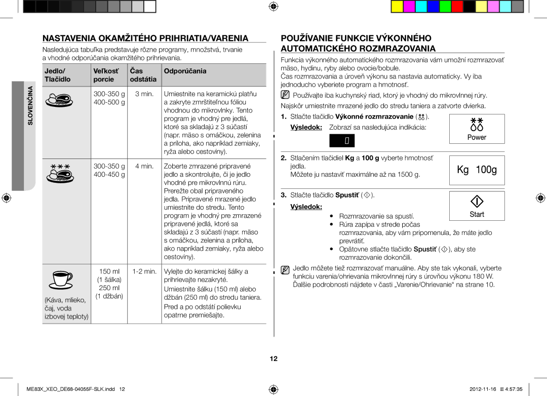 Samsung ME83X/XEG manual Nastavenia Okamžitého PRIHRIATIA/VARENIA, Používanie Funkcie Výkonného Automatického Rozmrazovania 