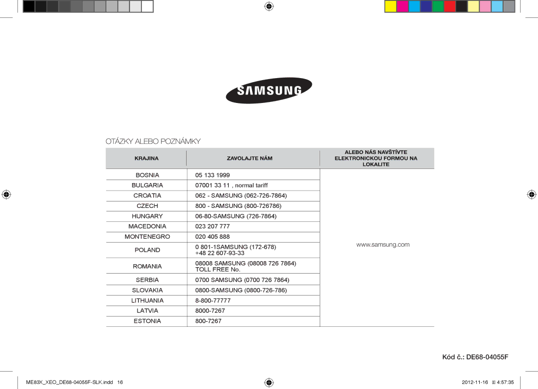 Samsung ME83X/XEG, ME83X/XEO manual Kód č. DE68-04055F 