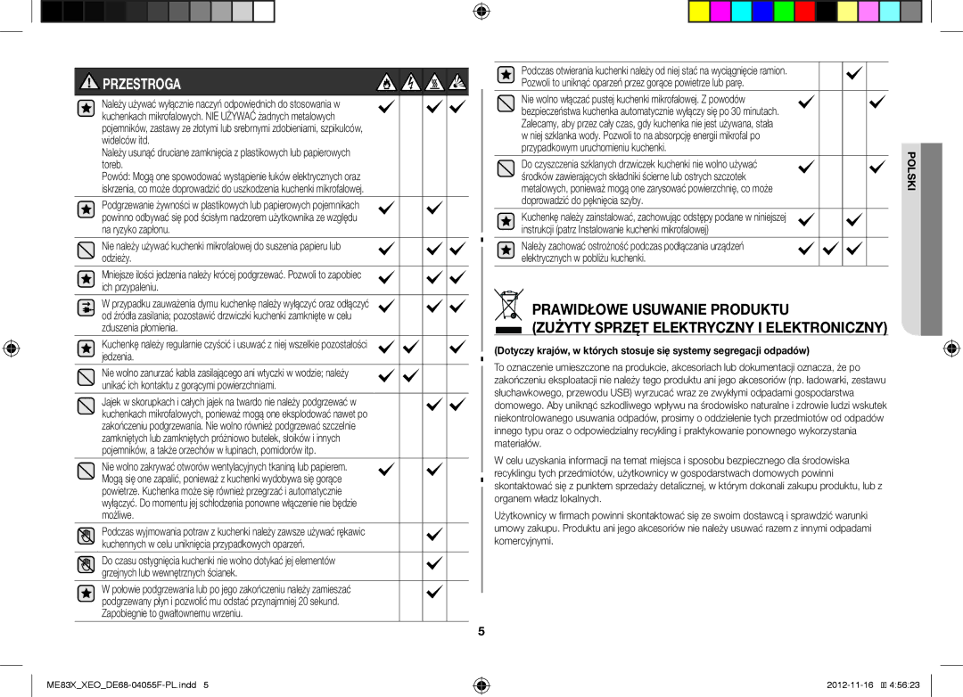 Samsung ME83X/XEO, ME83X/XEG manual Przestroga, Do czyszczenia szklanych drzwiczek kuchenki nie wolno używać 