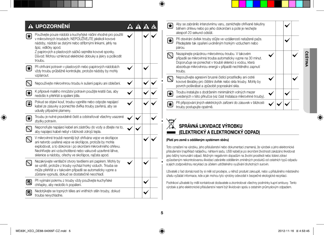 Samsung ME83X/XEO, ME83X/XEG manual Upozornění, Správná Likvidace Výrobku Elektrický a Elektronický Odpad 