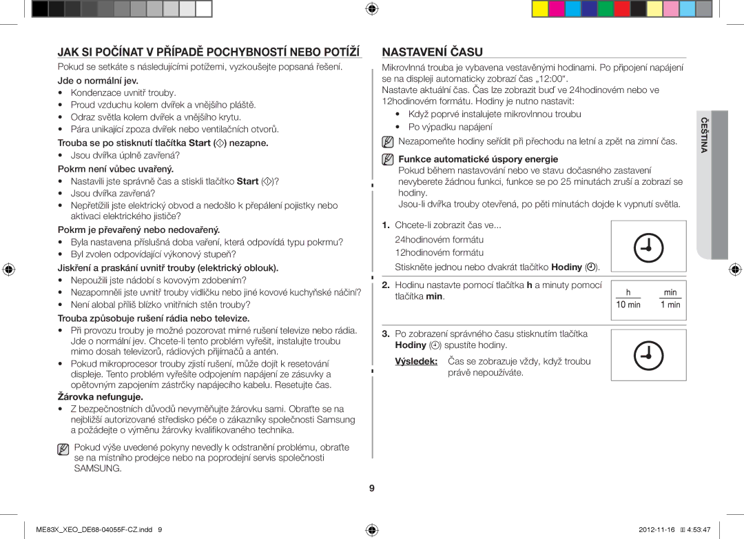 Samsung ME83X/XEO, ME83X/XEG manual Nastavení Času, Žárovka nefunguje, Samsung, Funkce automatické úspory energie 