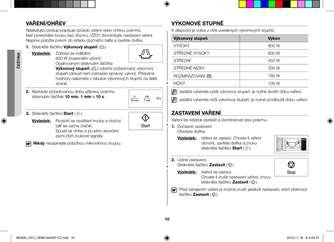 Samsung ME83X/XEG, ME83X/XEO manual Vaření/Ohřev, Výkonové Stupně, Zastavení Vaření, Výkonový stupeň 