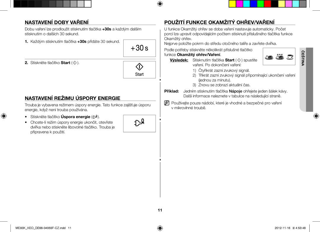 Samsung ME83X/XEO, ME83X/XEG Nastavení Doby Vaření, Nastavení Režimu Úspory Energie, Použití Funkce Okamžitý OHŘEV/VAŘENÍ 