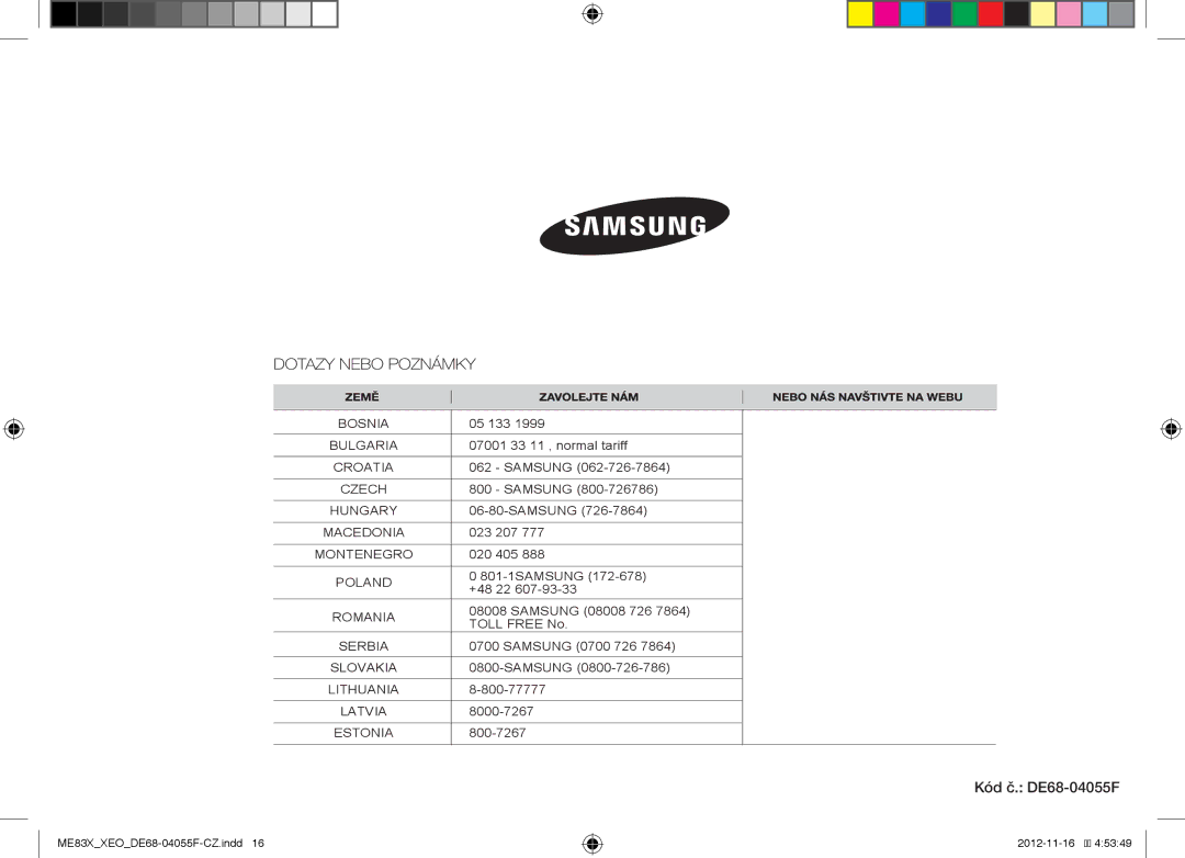 Samsung ME83X/XEG, ME83X/XEO manual Kód č. DE68-04055F 