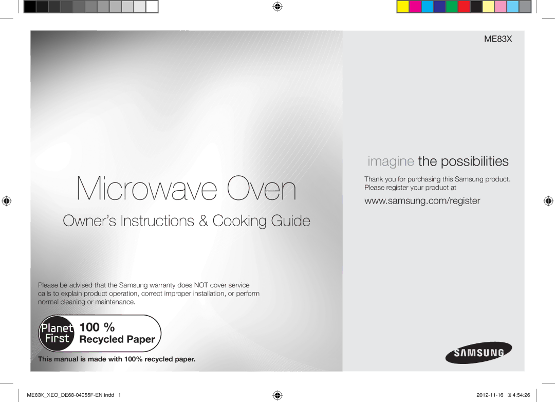 Samsung ME83X/XEO, ME83X/XEG Microwave Oven, This manual is made with 100% recycled paper 