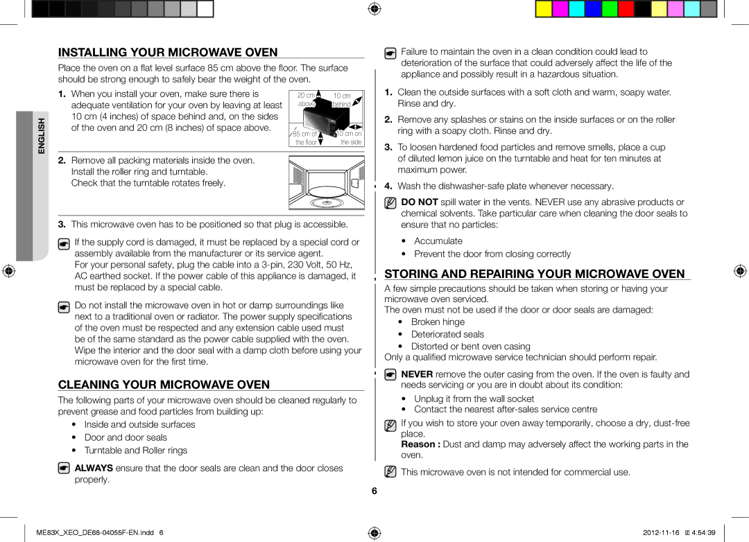 Samsung ME83X/XEG Installing Your Microwave Oven, Cleaning Your Microwave Oven, Storing and Repairing Your Microwave Oven 
