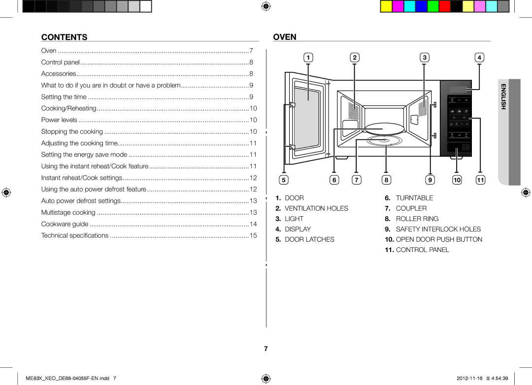 Samsung ME83X/XEO, ME83X/XEG manual Contents, Oven, Accessories, Auto power defrost settings 