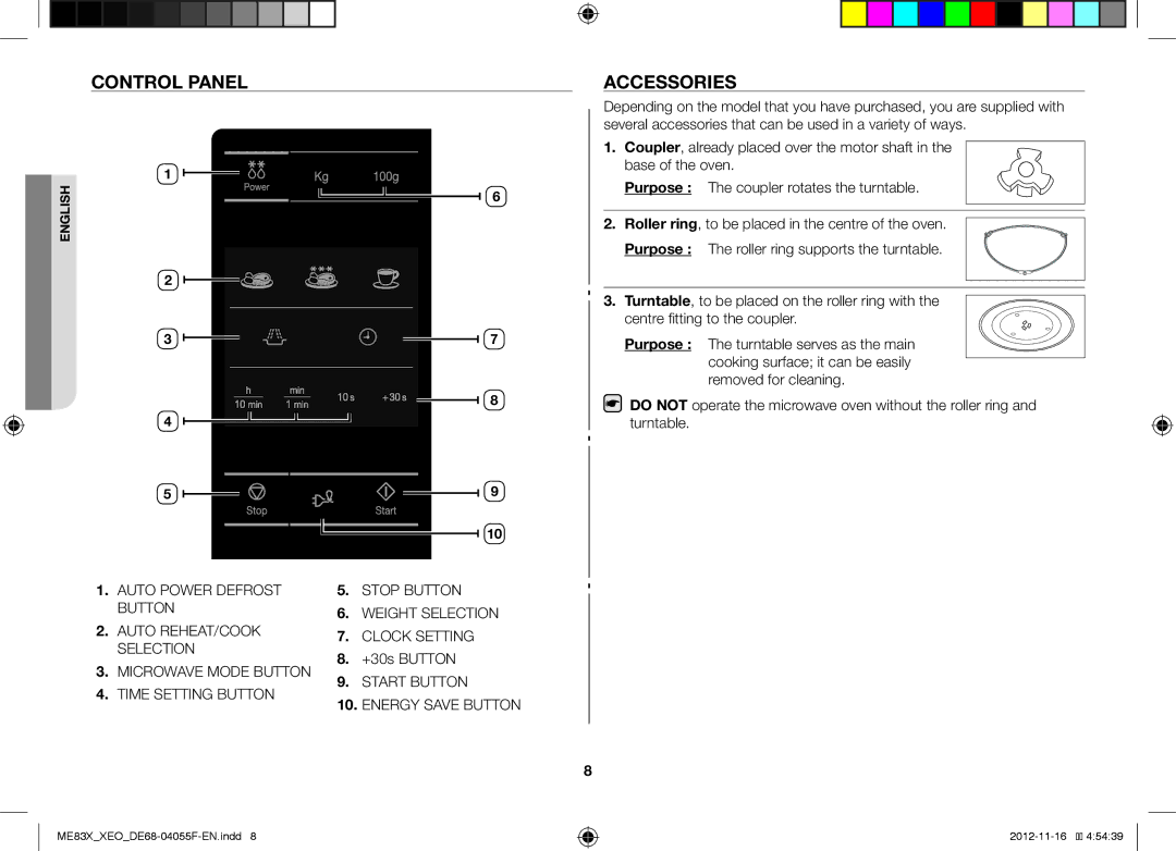 Samsung ME83X/XEG, ME83X/XEO manual Control Panel, Accessories, Microwave Mode Button, Start Button, Time Setting Button 