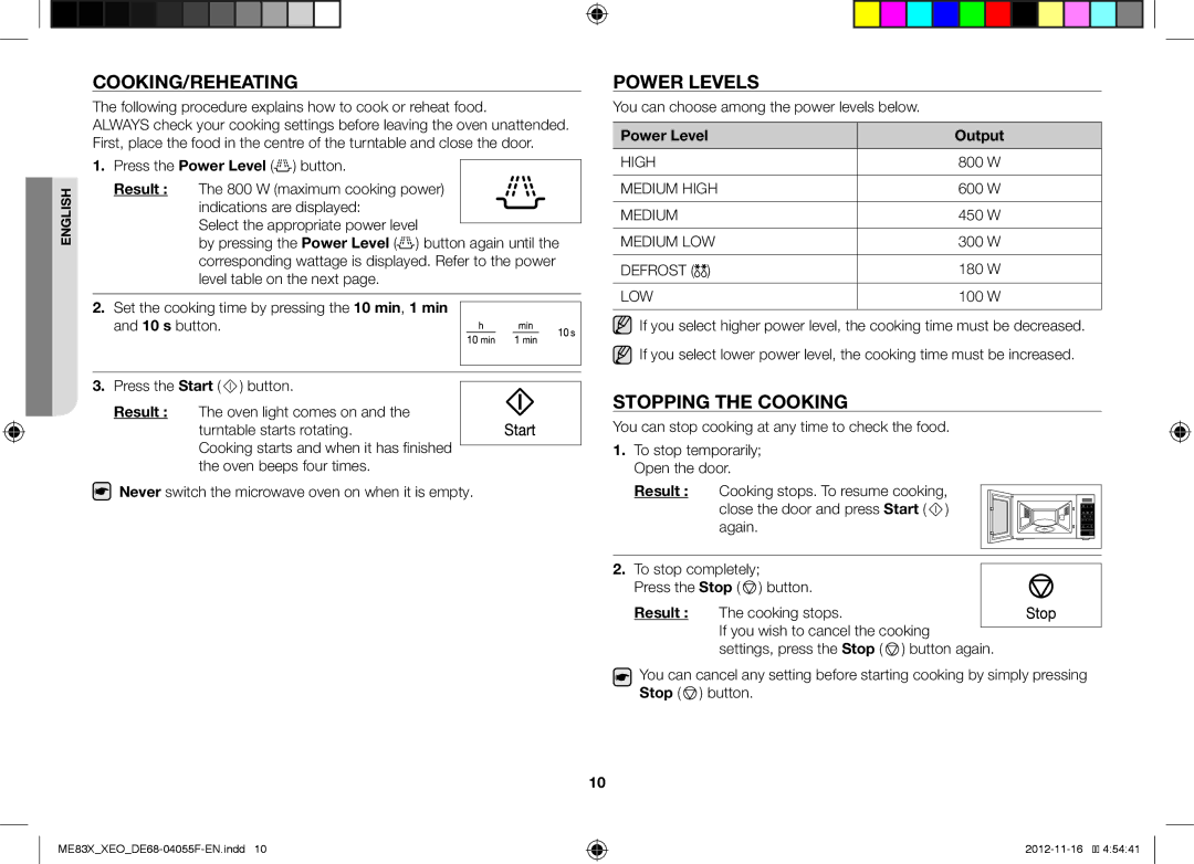 Samsung ME83X/XEG, ME83X/XEO manual Cooking/Reheating, Power Levels, Stopping the Cooking, Result, Power Level Output 