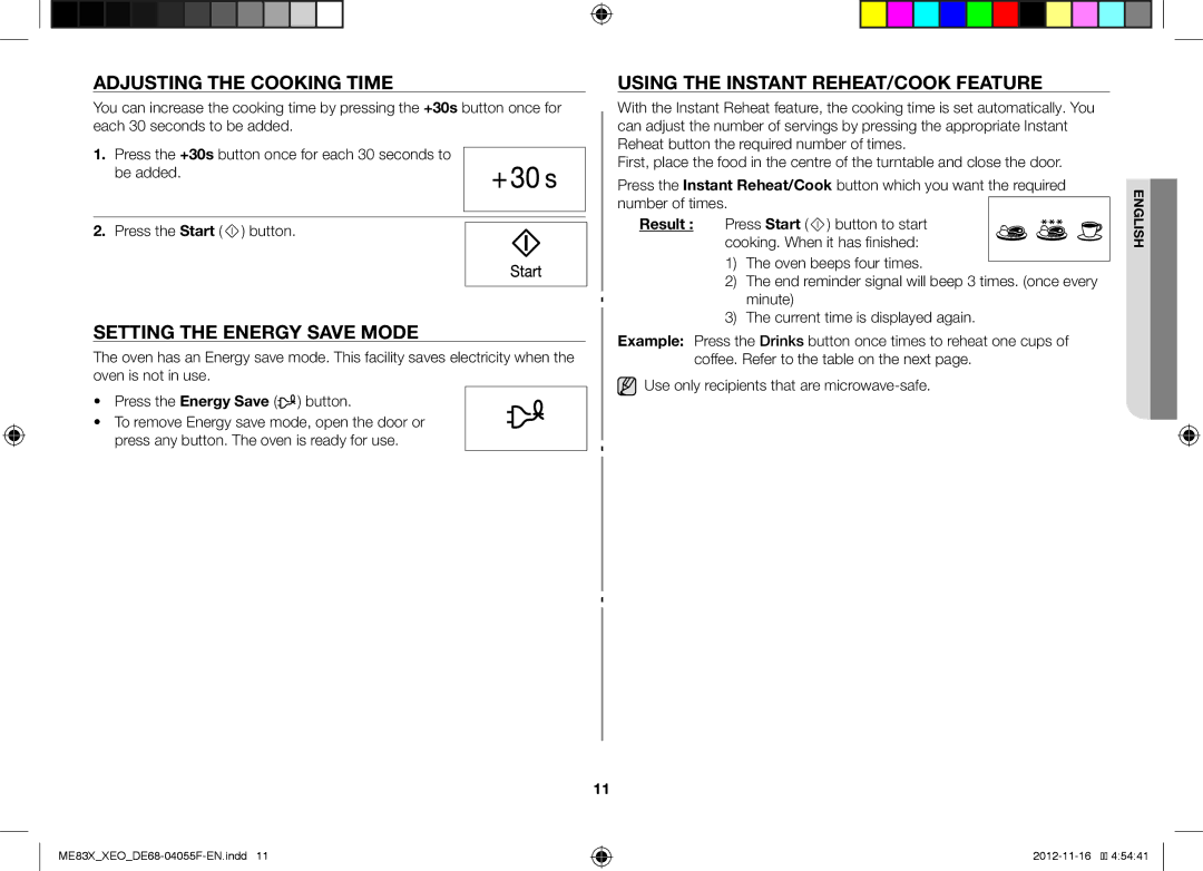 Samsung ME83X/XEO manual Adjusting the Cooking Time, Setting the Energy Save Mode, Using the Instant REHEAT/COOK Feature 