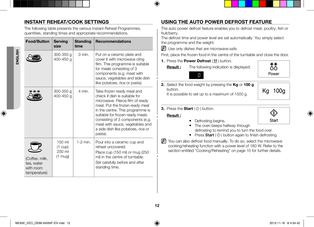 Samsung ME83X/XEG, ME83X/XEO manual Instant REHEAT/COOK Settings, Using the Auto Power Defrost Feature 