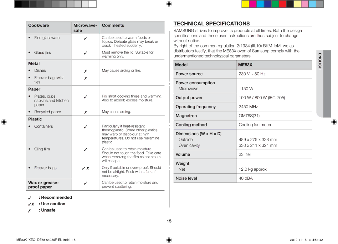 Samsung ME83X/XEO, ME83X/XEG manual Technical Specifications 