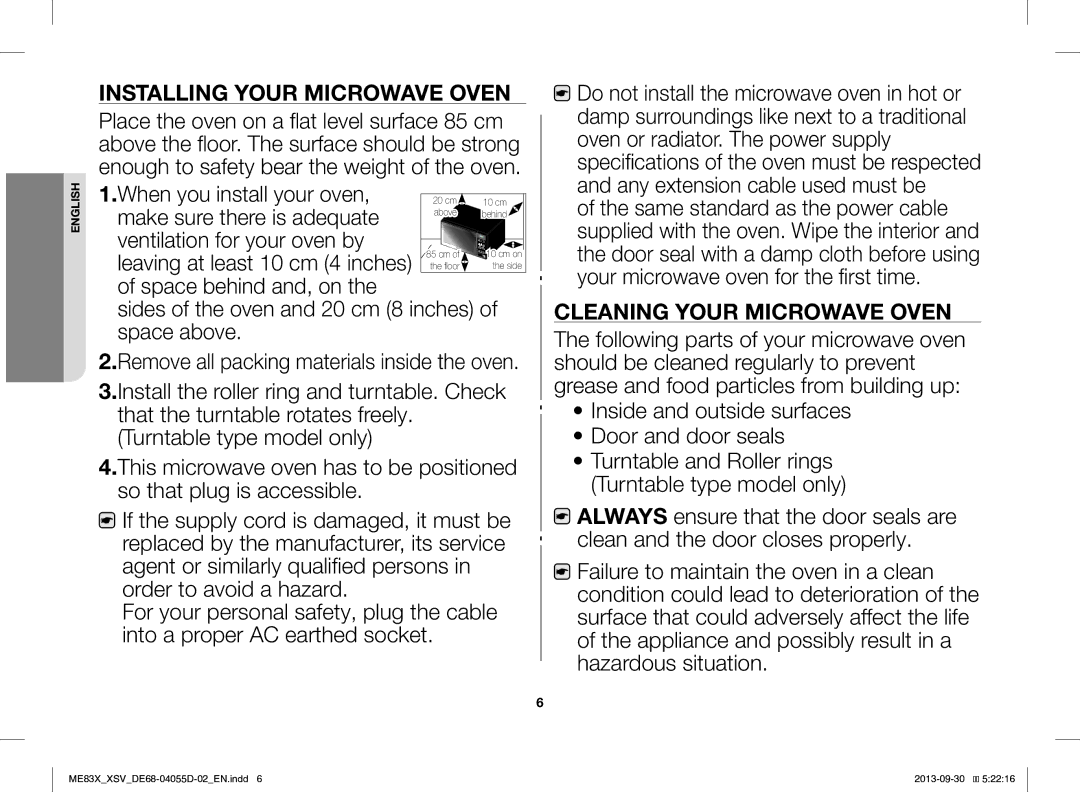 Samsung ME83X/XSV manual Installing Your Microwave Oven, Cleaning Your Microwave Oven 