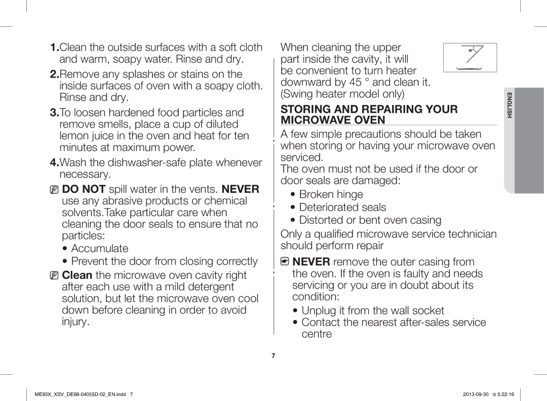 Samsung ME83X/XSV manual Storing and Repairing Your Microwave Oven 