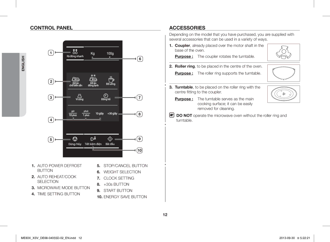 Samsung ME83X/XSV manual Control Panel, Accessories 