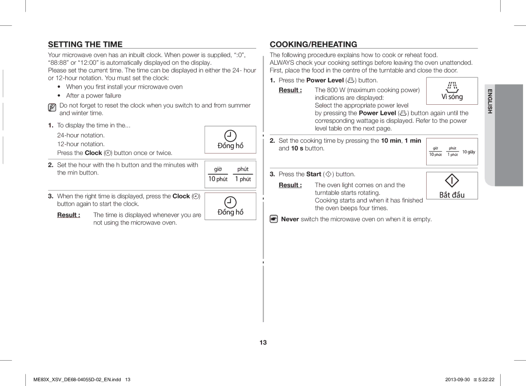 Samsung ME83X/XSV manual Setting the Time, Cooking/Reheating, Result 