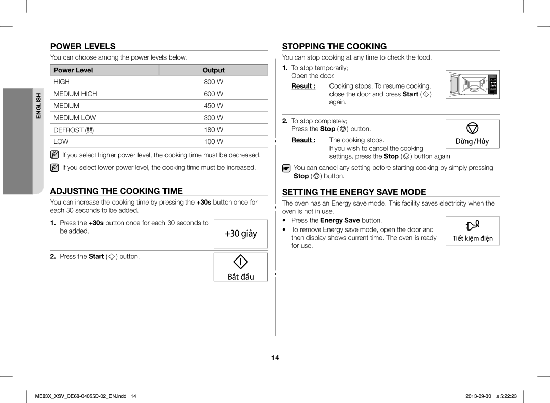 Samsung ME83X/XSV manual Power Levels, Adjusting the Cooking Time, Stopping the Cooking, Setting the Energy Save Mode 