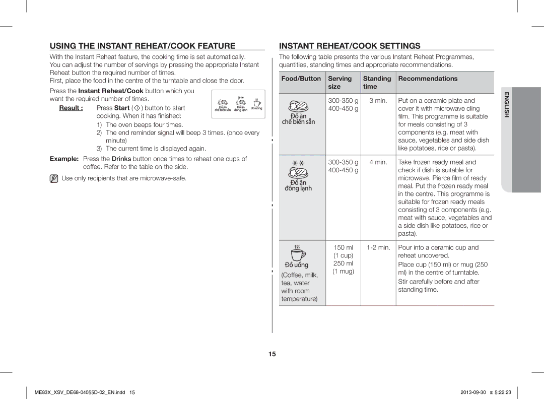 Samsung ME83X/XSV manual Using the Instant REHEAT/COOK Feature, Instant REHEAT/COOK Settings 