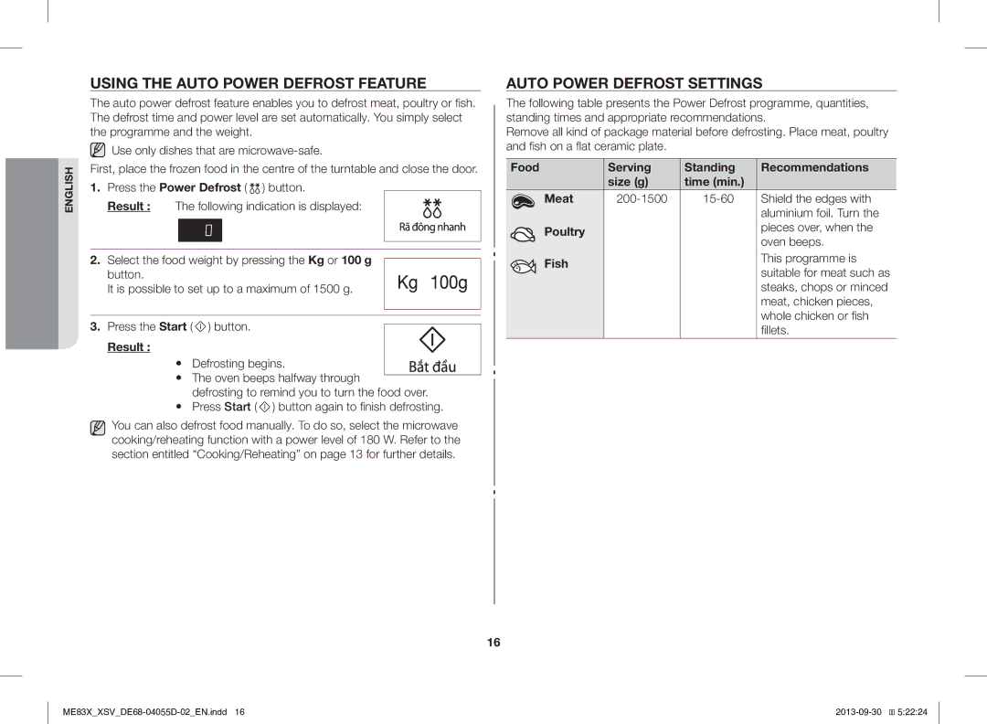 Samsung ME83X/XSV manual Using the Auto Power Defrost Feature, Auto Power Defrost Settings, Poultry, Fish 