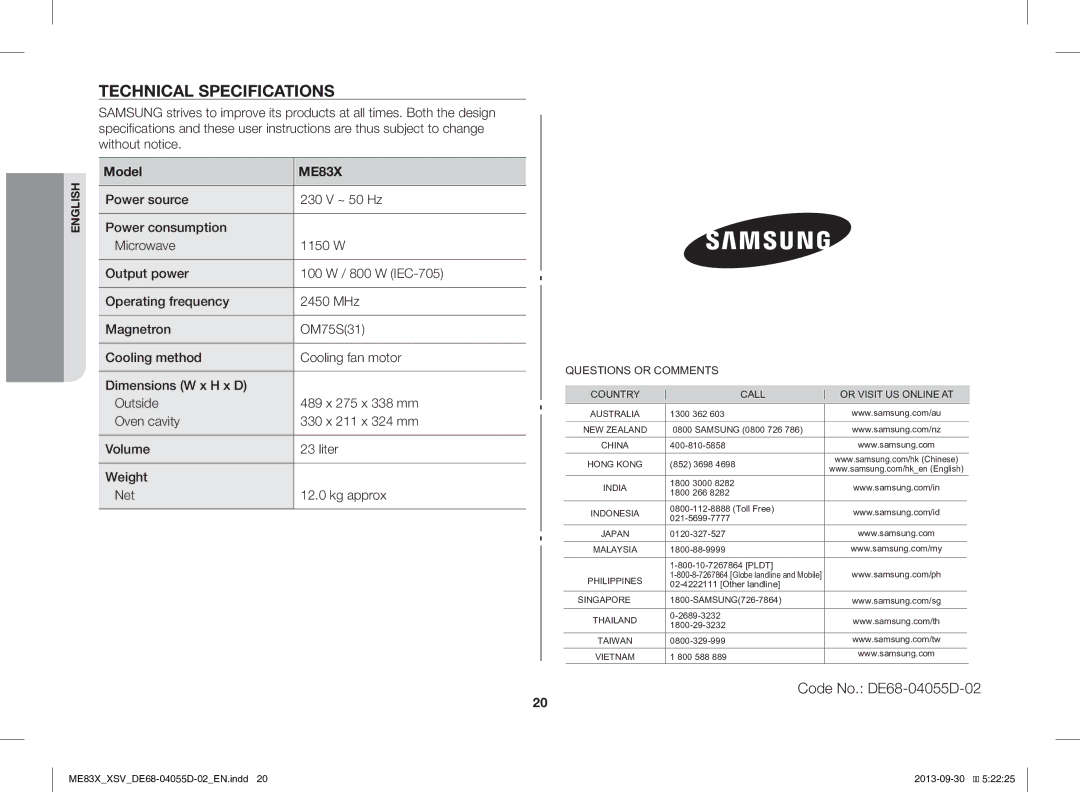 Samsung ME83X/XSV manual Technical Specifications, Model 