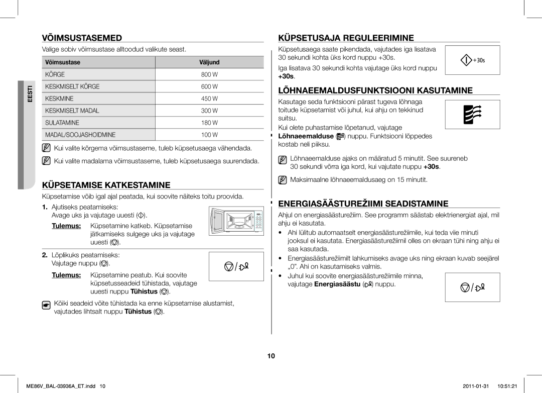 Samsung ME86V-BB/BAL manual Võimsustasemed, Küpsetamise Katkestamine, Küpsetusaja Reguleerimine 