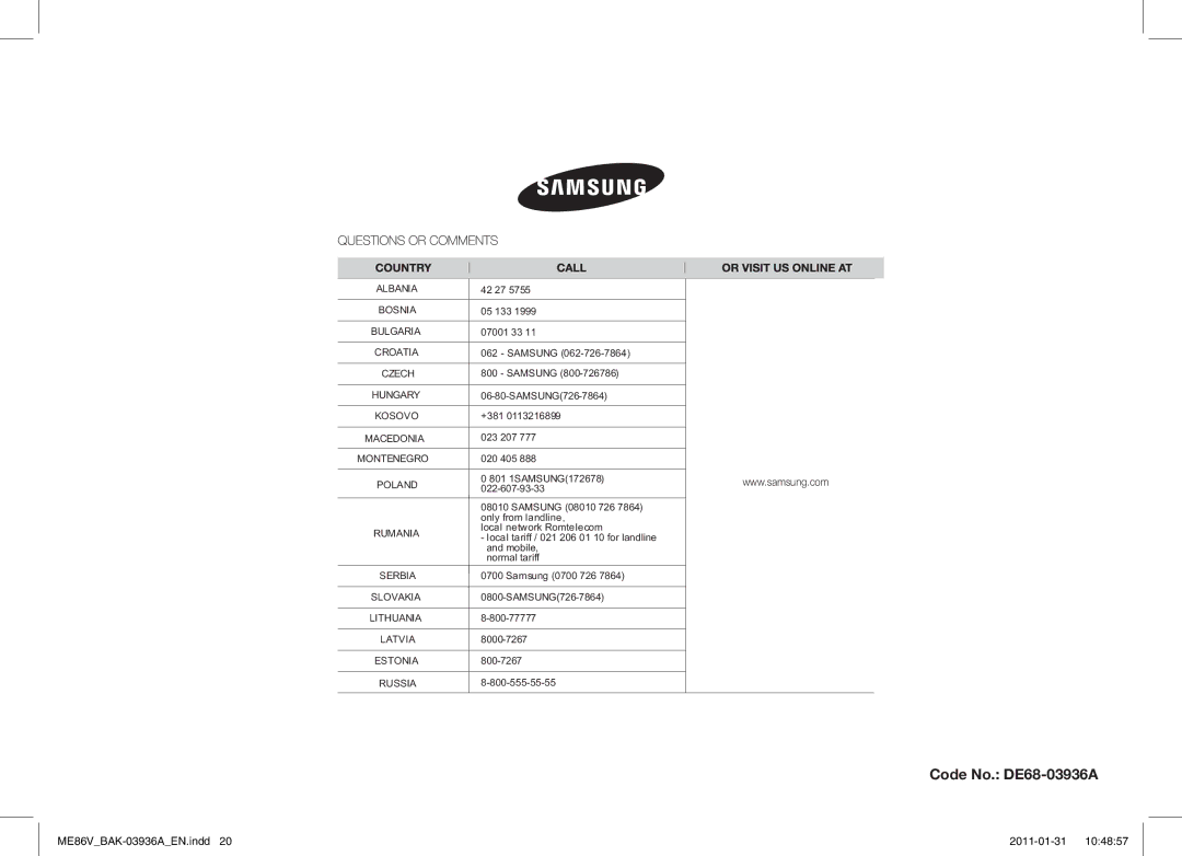 Samsung ME86V-BB/BAL manual Code No. DE68-03936A 