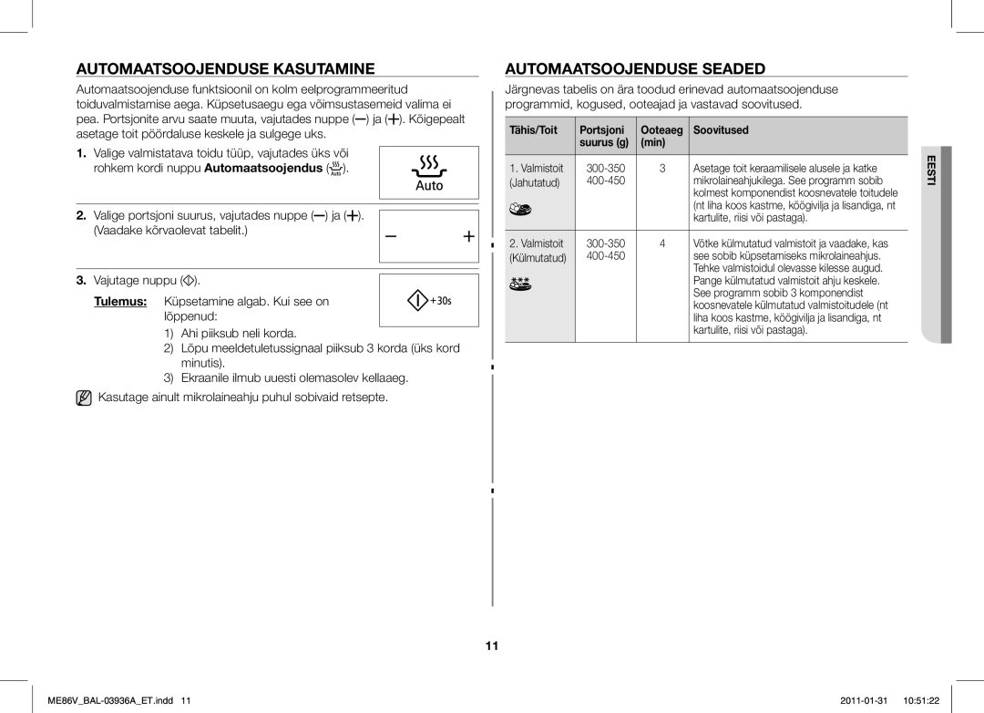 Samsung ME86V-BB/BAL manual Automaatsoojenduse Kasutamine, Automaatsoojenduse Seaded 