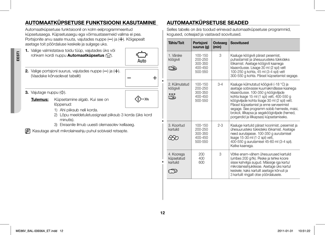 Samsung ME86V-BB/BAL manual Automaatküpsetuse Funktsiooni Kasutamine, Automaatküpsetuse Seaded 