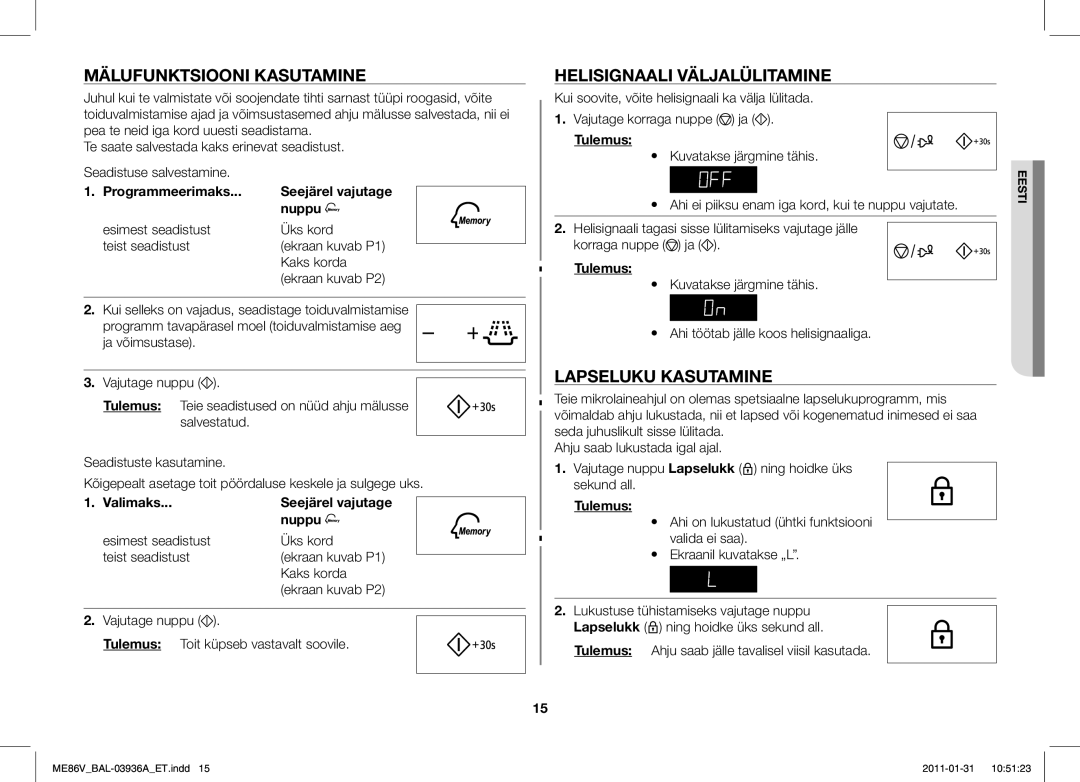 Samsung ME86V-BB/BAL Mälufunktsiooni Kasutamine, Helisignaali Väljalülitamine, Lapseluku Kasutamine, Programmeerimaks 