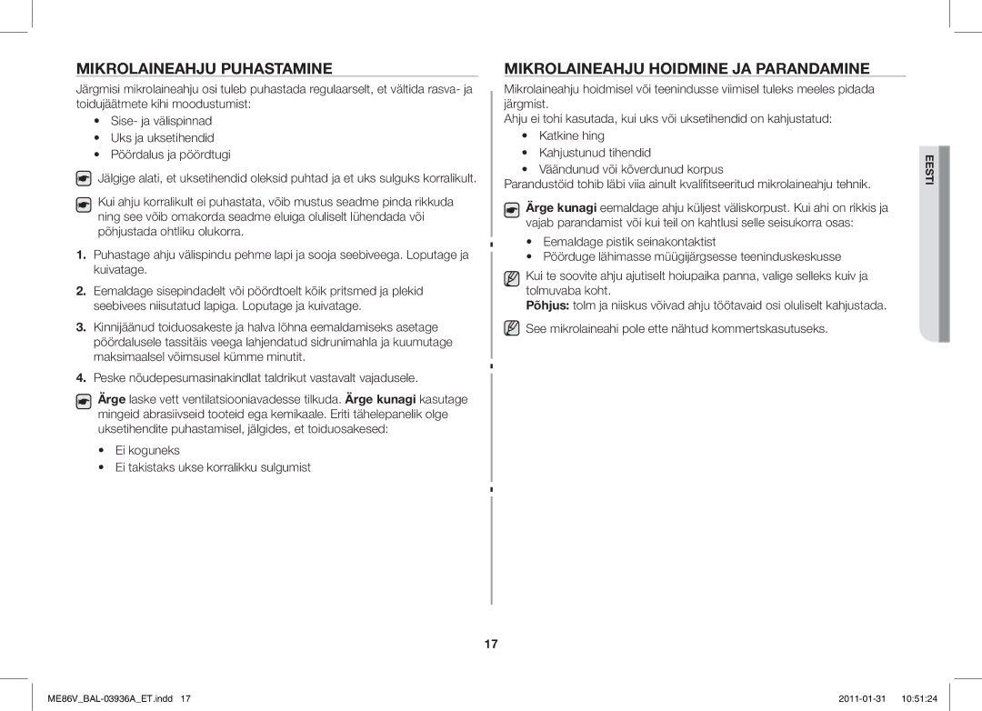 Samsung ME86V-BB/BAL manual Mikrolaineahju Puhastamine, Mikrolaineahju Hoidmine JA Parandamine 