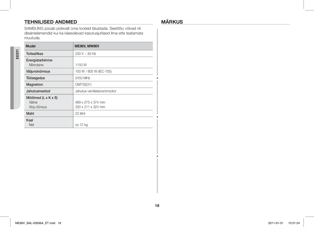 Samsung ME86V-BB/BAL manual Tehnilised Andmed Märkus, Mudel ME86V, MW86V 