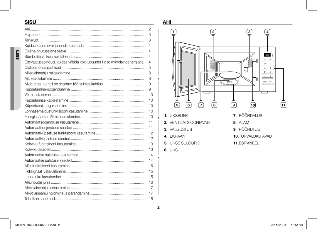 Samsung ME86V-BB/BAL manual Sisu, Ahi 