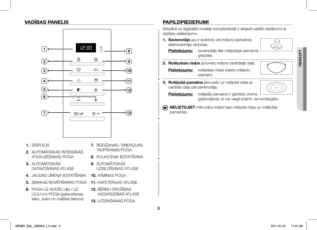 Samsung ME86V-BB/BAL manual Vadības Panelis, Papildpiederumi 