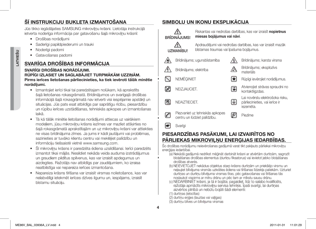 Samsung ME86V-BB/BAL manual ŠĪ Instrukciju Bukleta Izmantošana, Simbolu UN Ikonu Eksplikācija, Svarīga Drošības Informācija 