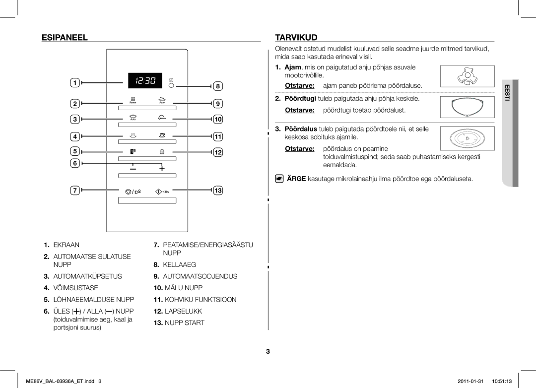 Samsung ME86V-BB/BAL manual Esipaneel Tarvikud, Otstarve 