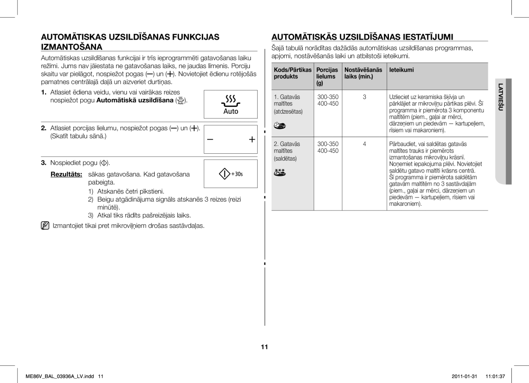 Samsung ME86V-BB/BAL manual Automātiskas Uzsildīšanas Funkcijas Izmantošana, Automātiskās Uzsildīšanas Iestatījumi 